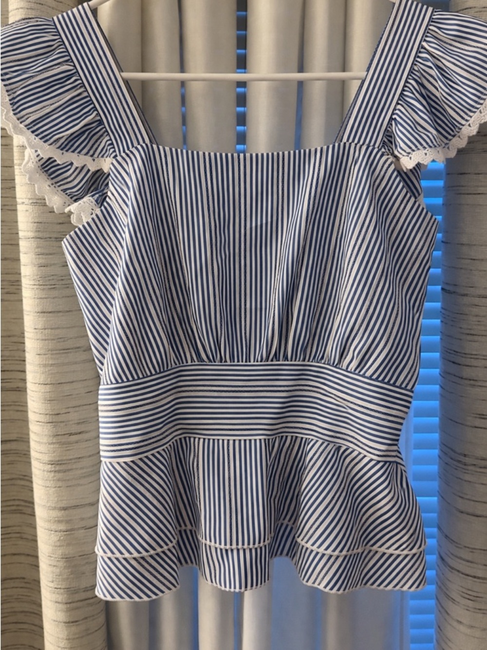 Blue and White Striped Ruffle Peplum Top